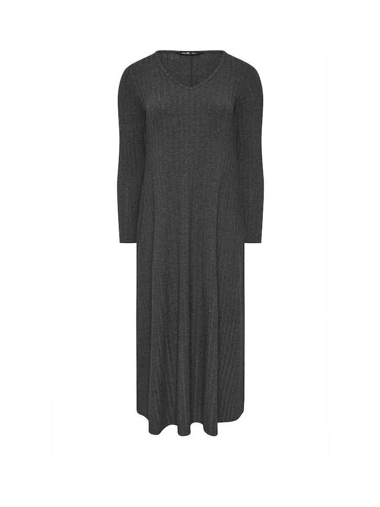 Yours Curve Grey V-Neck Ribbed Flare Dress - Image 5 of 5 Yours Curve Grey V-Neck Ribbed Flare Dress - Image 5 of 5