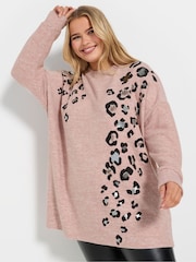 Yours Curve Pink Placement Animal Studded Jumper - Image 1 of 5