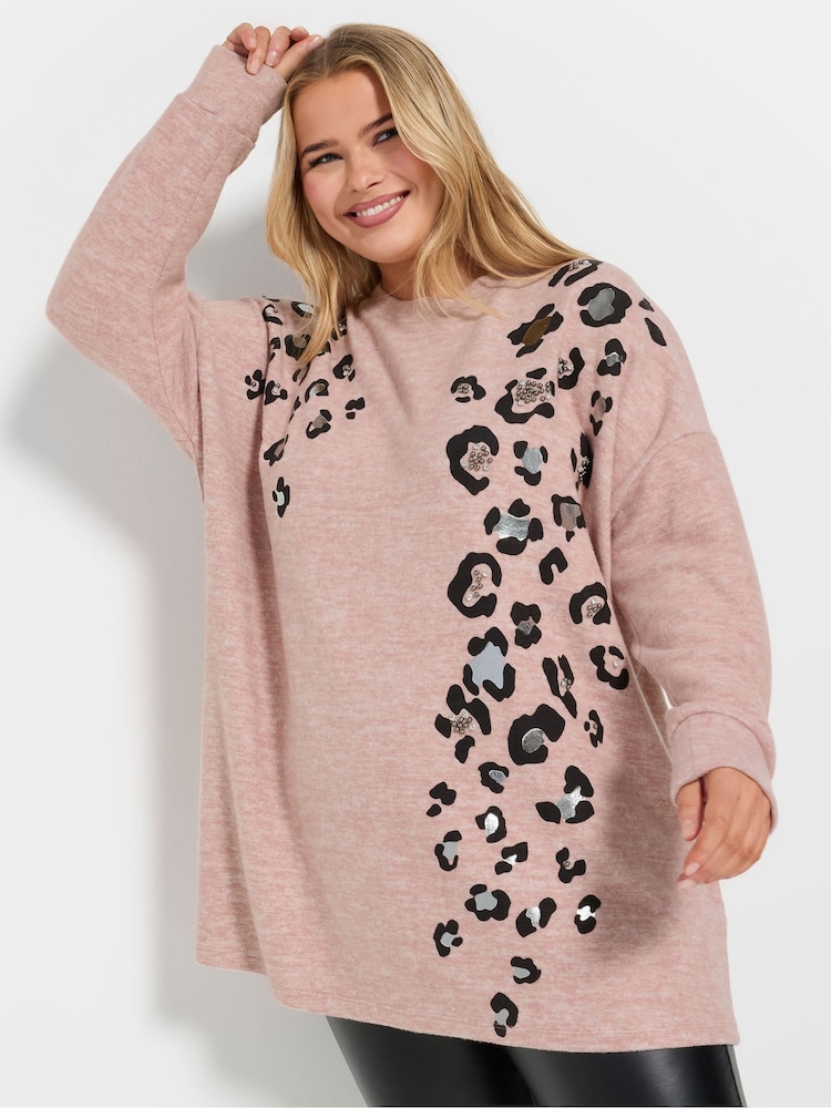 Yours Curve Pink Placement Animal Studded Jumper - Image 1 of 5