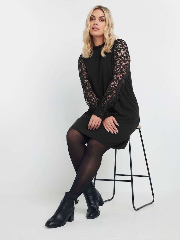 Yours Curve Black Lace Sleeve Dress - Image 1 of 9