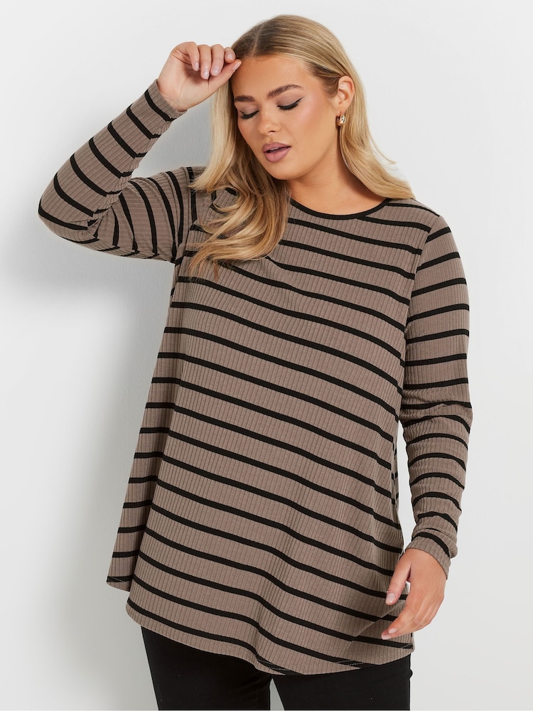 Yours Curve Brown Long Sleeve Ribbed Stripe Swing T-Shirt - Image 1 of 5