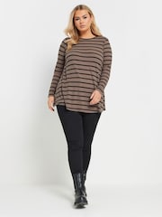 Yours Curve Brown Long Sleeve Ribbed Stripe Swing T-Shirt - Image 2 of 5