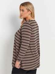 Yours Curve Brown Long Sleeve Ribbed Stripe Swing T-Shirt - Image 3 of 5