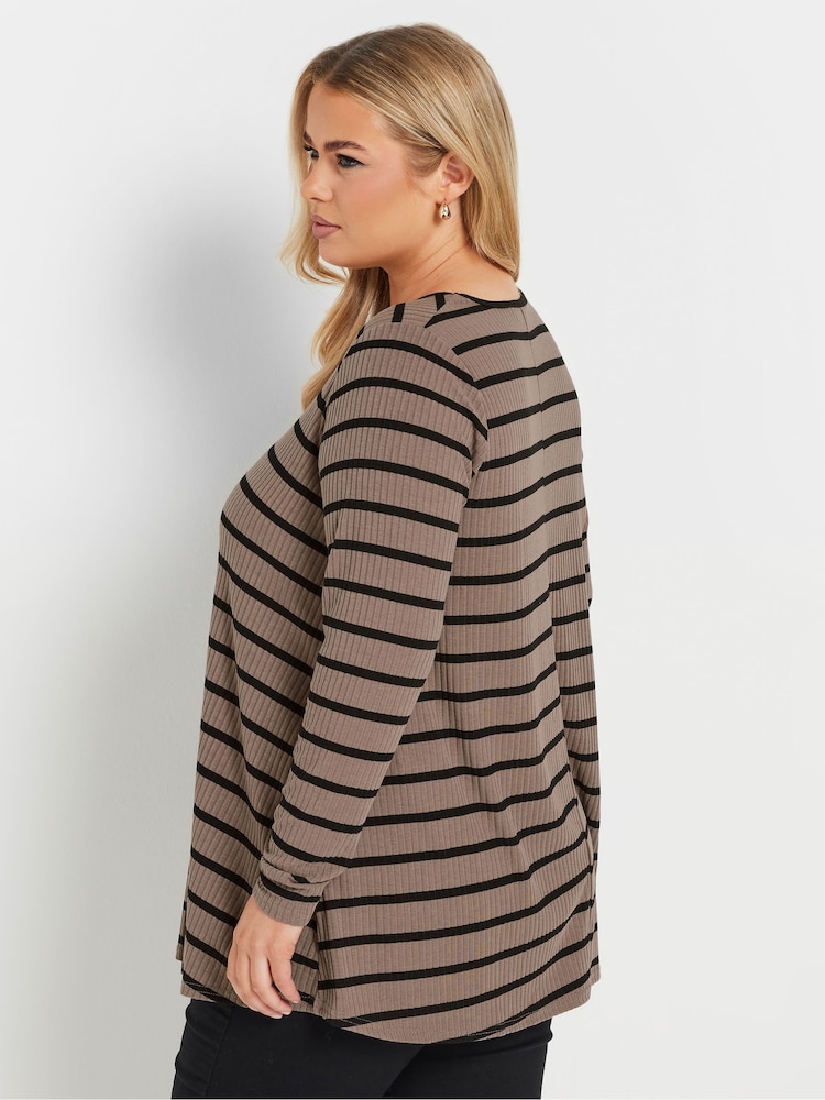 Yours Curve Brown Long Sleeve Ribbed Stripe Swing T-Shirt - Image 3 of 5