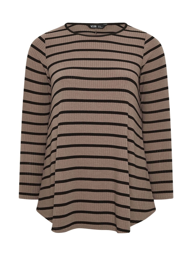 Yours Curve Brown Long Sleeve Ribbed Stripe Swing T-Shirt - Image 5 of 5
