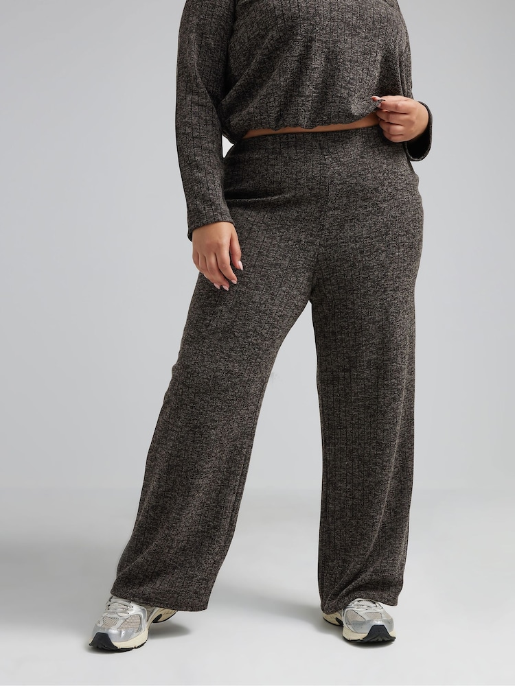 Yours Curve Grey Limited Textured Ribbed Wide Leg Trousers - Image 1 of 4