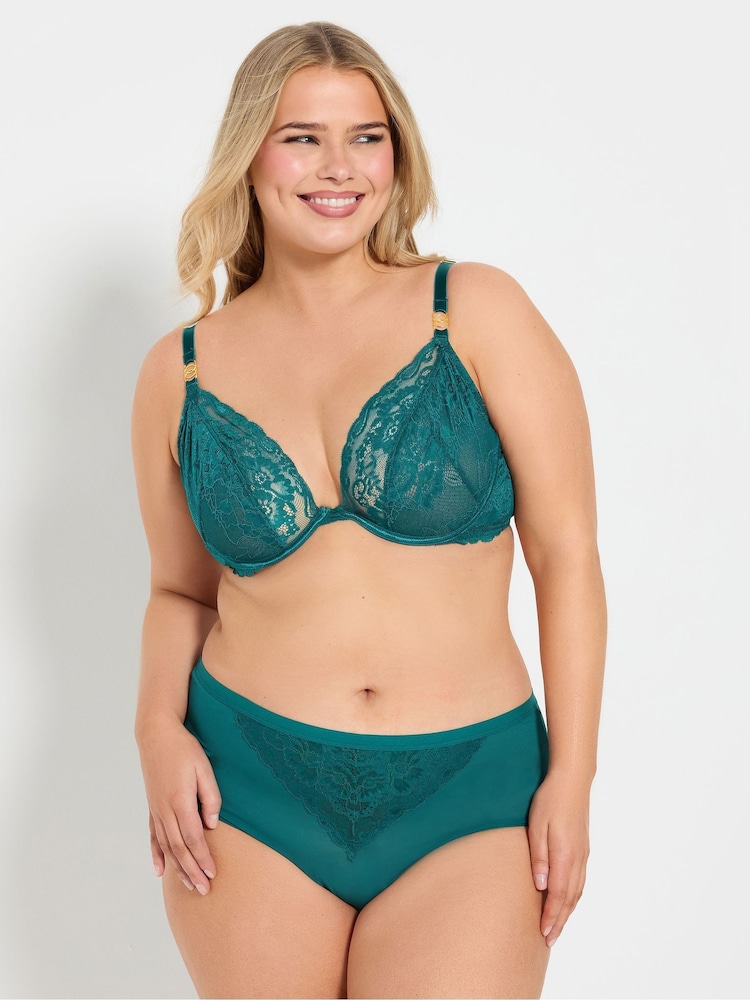 Yours Curve Green Lace Underwired Plunge Bra - Image 1 of 7