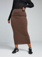 Yours Curve Brown Limited Ribbed Fold Over Chocolate Skirt - Image 1 of 5