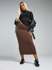 Yours Curve Brown Limited Ribbed Fold Over Chocolate Skirt - Image 2 of 5