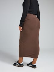 Yours Curve Brown Limited Ribbed Fold Over Chocolate Skirt - Image 3 of 5