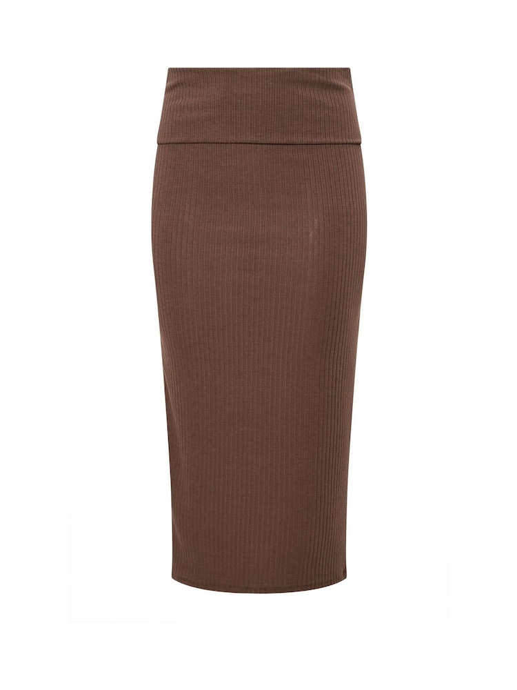 Yours Curve Brown Limited Ribbed Fold Over Chocolate Skirt - Image 5 of 5