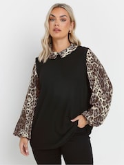 Yours Curve Black Leopard Print Brushed 2-In-1 Top - Image 1 of 5