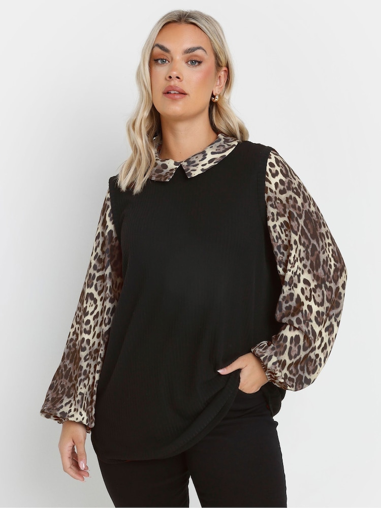 Yours Curve Black Leopard Print Brushed 2-In-1 Top - Image 1 of 5