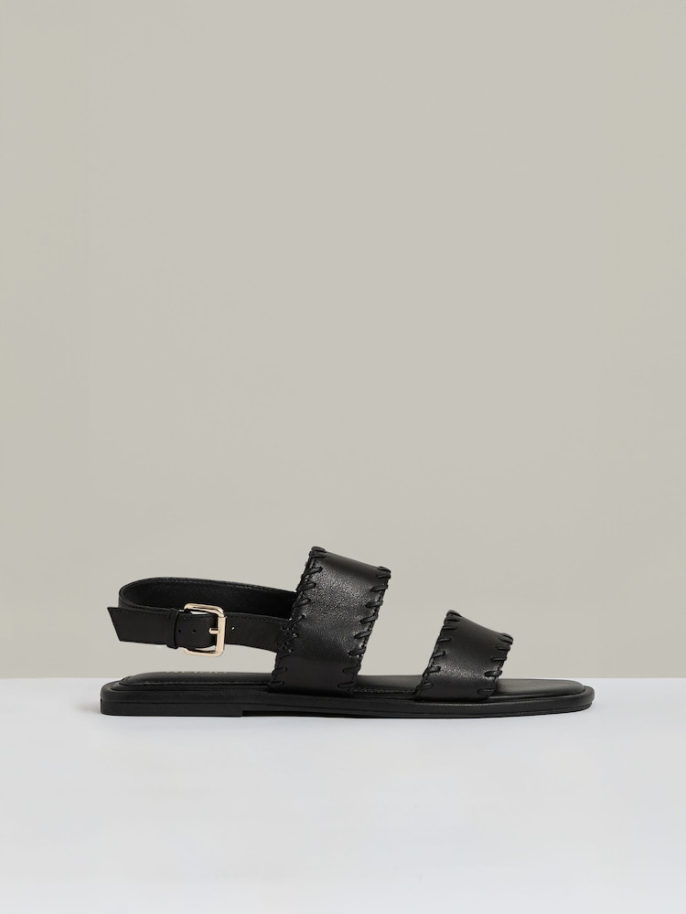 Reiss Black Mila Leather Whipstitch-Trim Sandals - Image 1 of 5