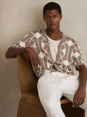 Reiss Taupe Brown Terrazzo Geometric Embroidery Knit Shirt - Image 1 of 6