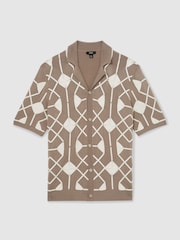 Reiss Taupe Brown Terrazzo Geometric Embroidery Knit Shirt - Image 2 of 6