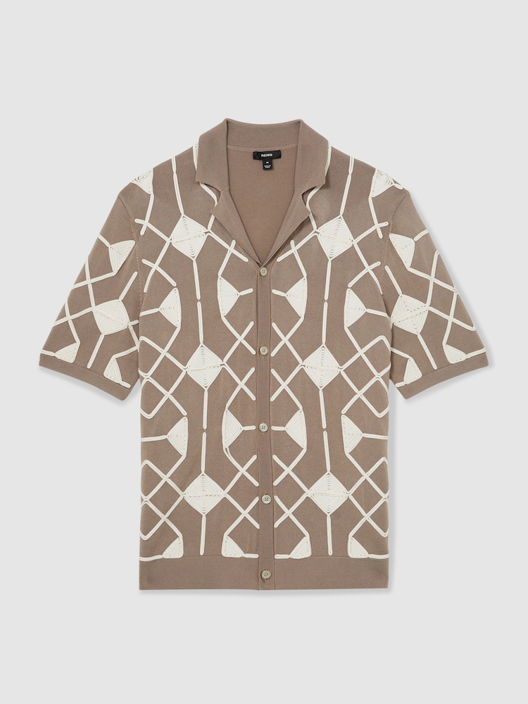 Reiss Taupe Brown Terrazzo Geometric Embroidery Knit Shirt - Image 2 of 6