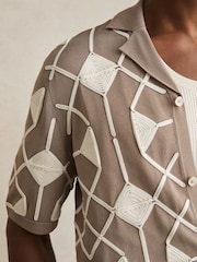 Reiss Taupe Brown Terrazzo Geometric Embroidery Knit Shirt - Image 3 of 6