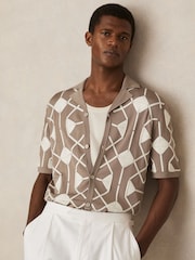 Reiss Taupe Brown Terrazzo Geometric Embroidery Knit Shirt - Image 4 of 6