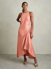 Коралловый - Атласное платье миди со сборками Reiss Anessa - Image 1 of 6