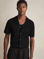 Reiss Black Fallon V-Neck Collar Textured Knit Shirt - Image 1 of 7