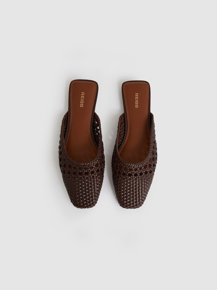 Reiss Chocolate Marta Woven Slip-On Mules - Image 3 of 5