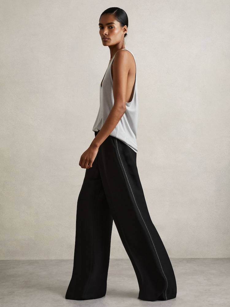 Reiss Black Daria Atelier Crepe Wide Leg Stitch Trousers - Image 1 of 7