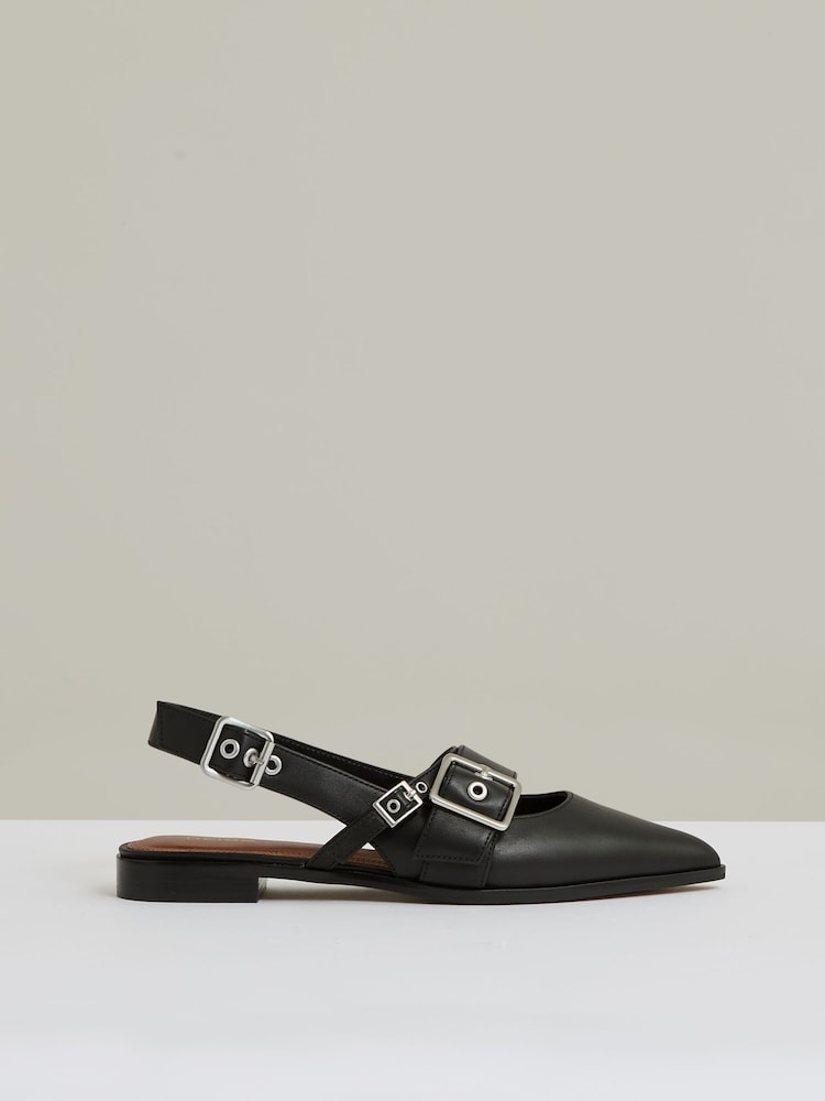 Reiss Black Lois Leather Buckle-Strap Flat Mules - Image 1 of 5