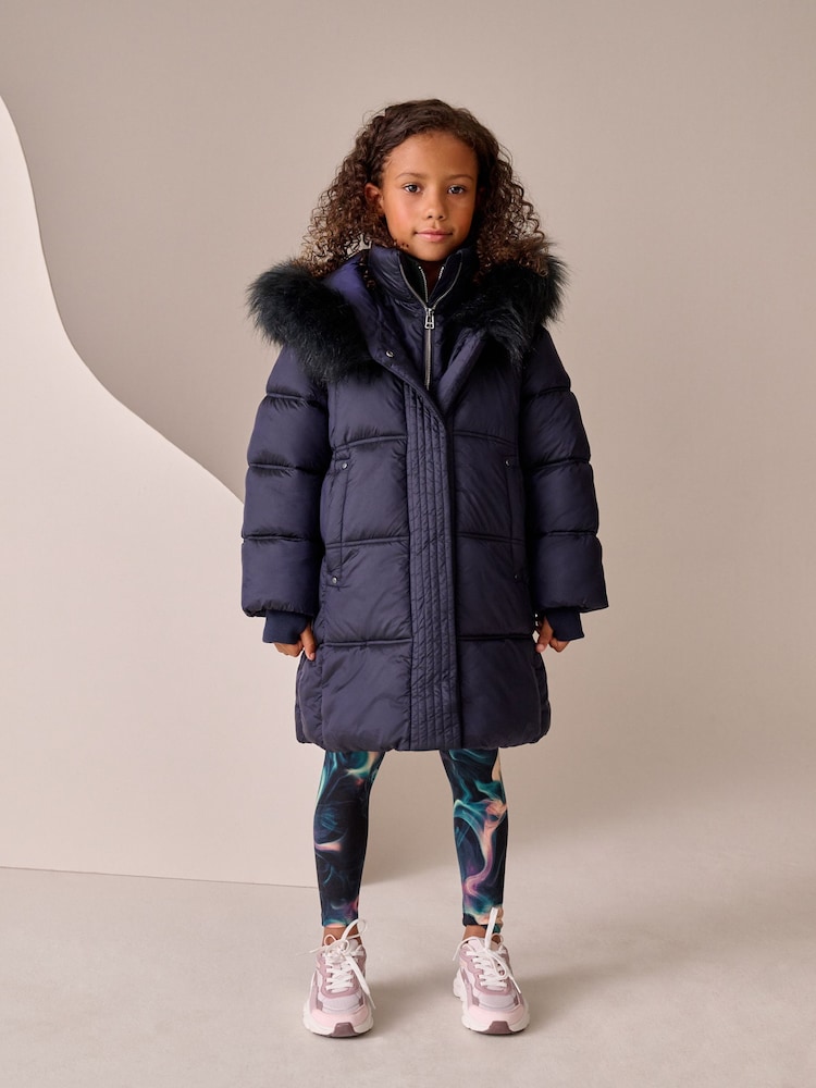 Navy Shower Resistant Fur Trim Padded Coat (3-16yrs) - Image 1 of 9