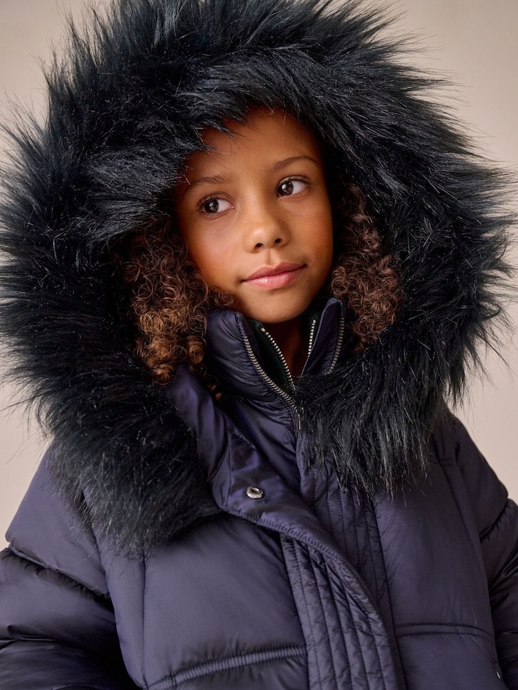 Navy Shower Resistant Fur Trim Padded Coat (3-16yrs) - Image 2 of 9