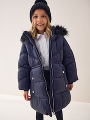 Navy Shower Resistant Faux Fur Trim Padded Coat (3-16yrs) - Image 1 of 9