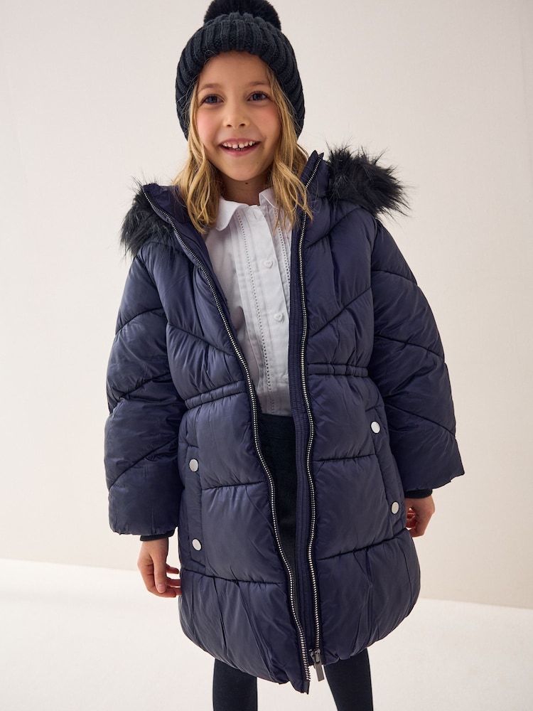 Navy Shower Resistant Faux Fur Trim Padded Coat (3-16yrs) - Image 1 of 9