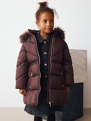 Marrón chocolate - Abrigo acolchado e impermeable con borde de capucha de pelo sintético (3-16 años) - Imagen 1 de 4