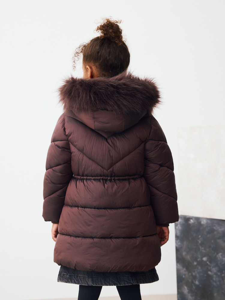 Buy Chocolate Brown Shower Resistant Faux Fur Trim Padded Coat (3