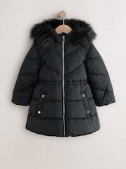 Black Shower Resistant Faux Fur Trim Padded Coat (3-16yrs) - Image 1 of 6