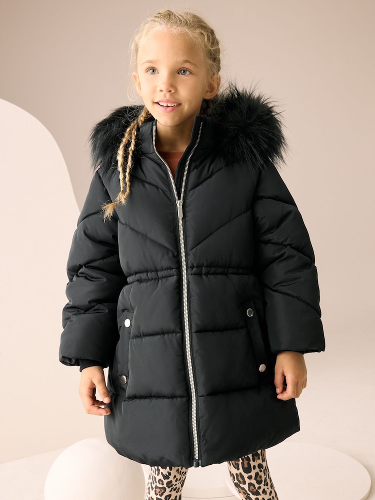 Black Shower Resistant Faux Fur Trim Padded Coat (3-16yrs) - Image 1 of 11 Black Shower Resistant Faux Fur Trim Padded Coat (3-16yrs) - Image 1 of 11