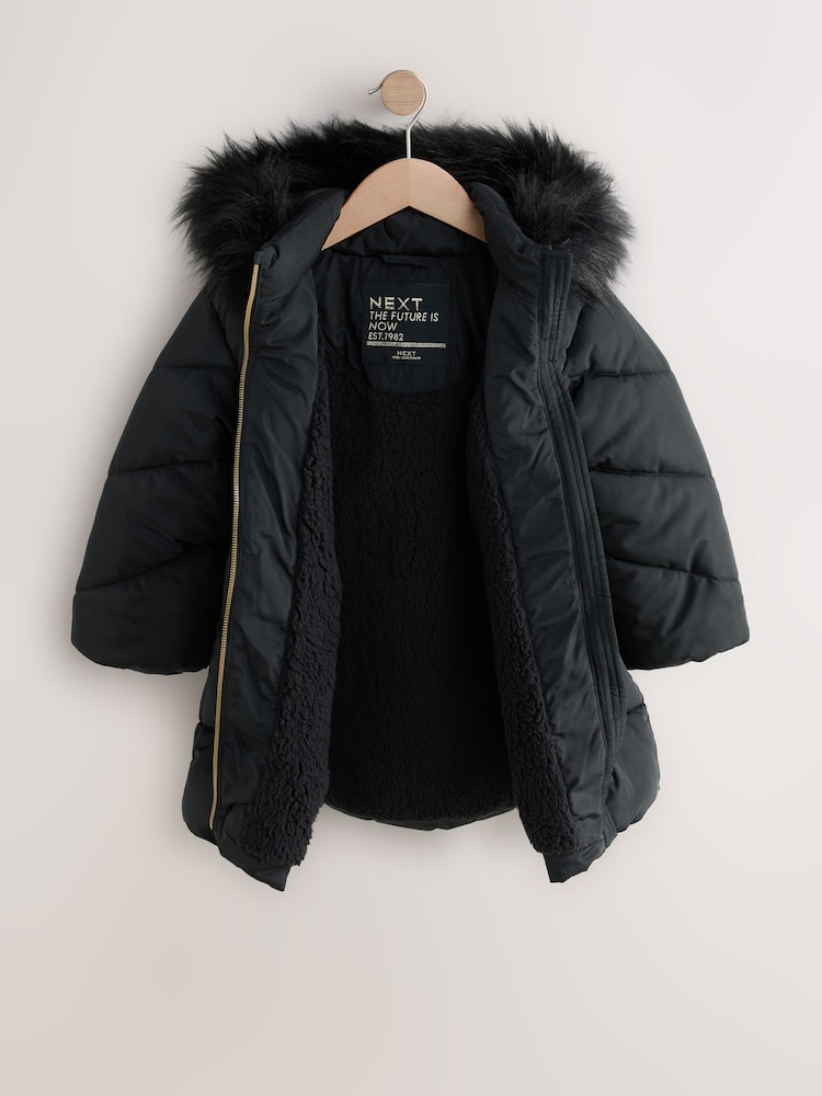 Black Shower Resistant Faux Fur Trim Padded Coat (3-16yrs) - Image 2 of 6