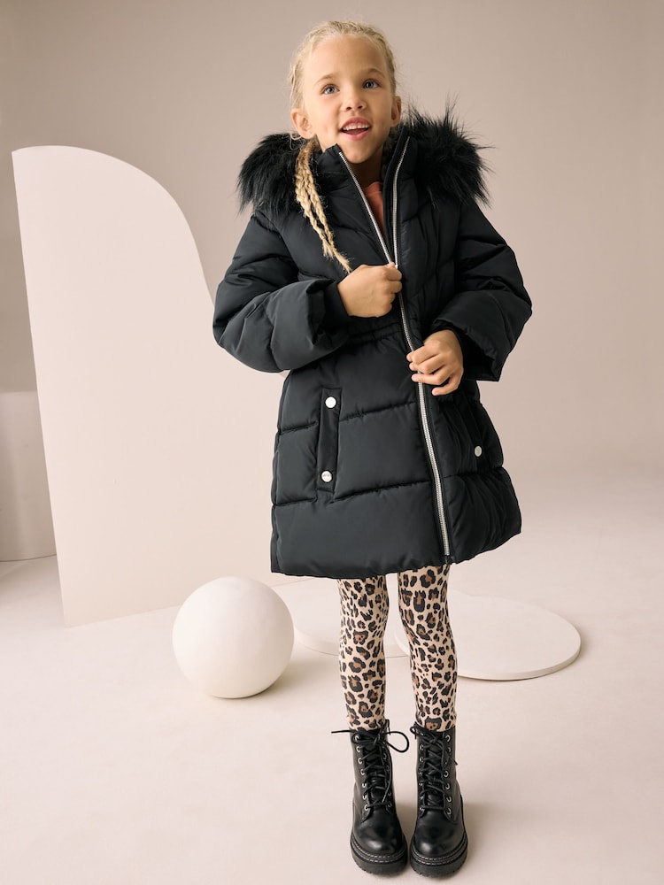 Black Shower Resistant Faux Fur Trim Padded Coat (3-16yrs) - Image 2 of 11 Black Shower Resistant Faux Fur Trim Padded Coat (3-16yrs) - Image 2 of 11