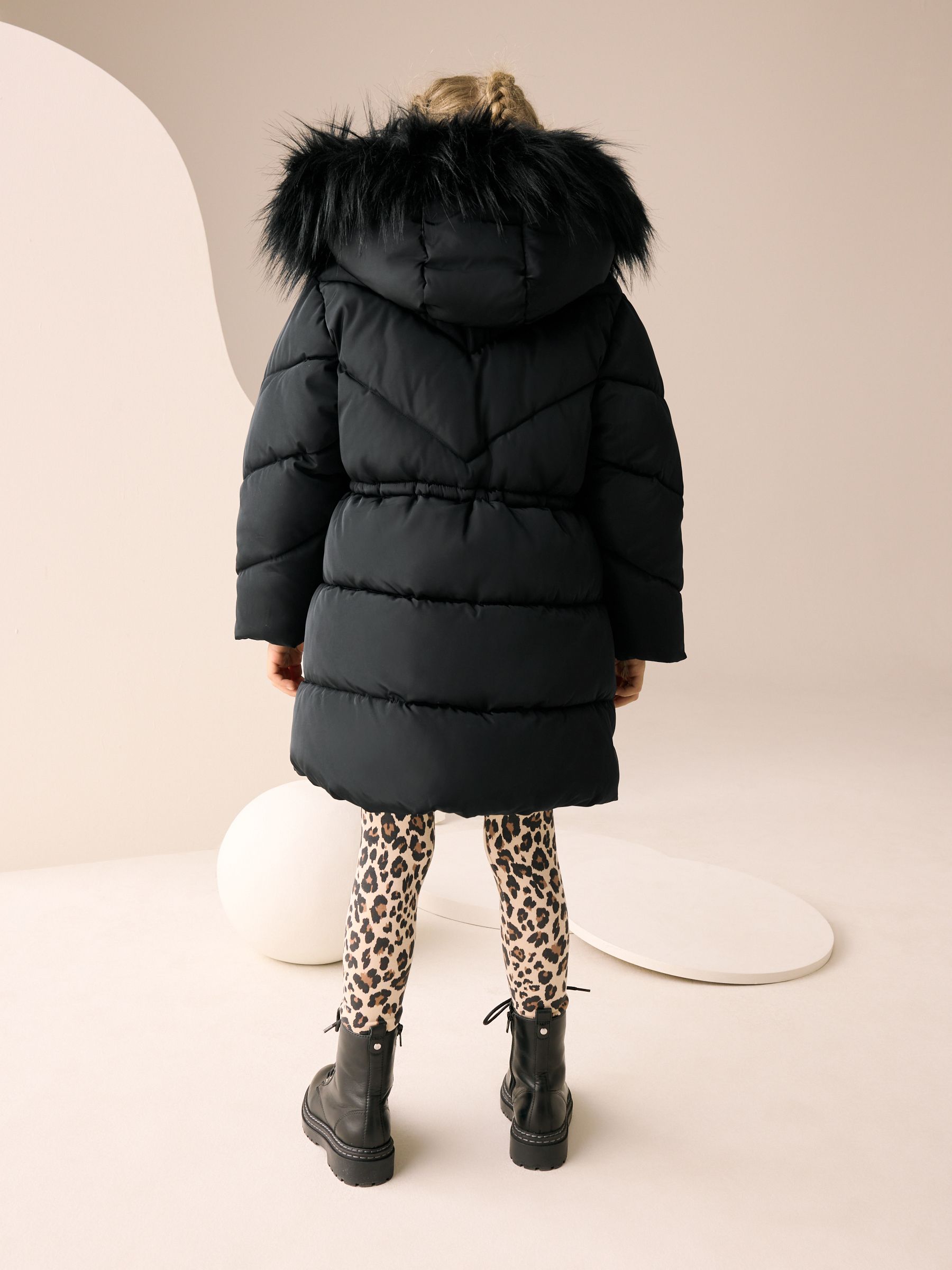Buy Black Shower Resistant Faux Fur Trim Padded Coat (3-16yrs