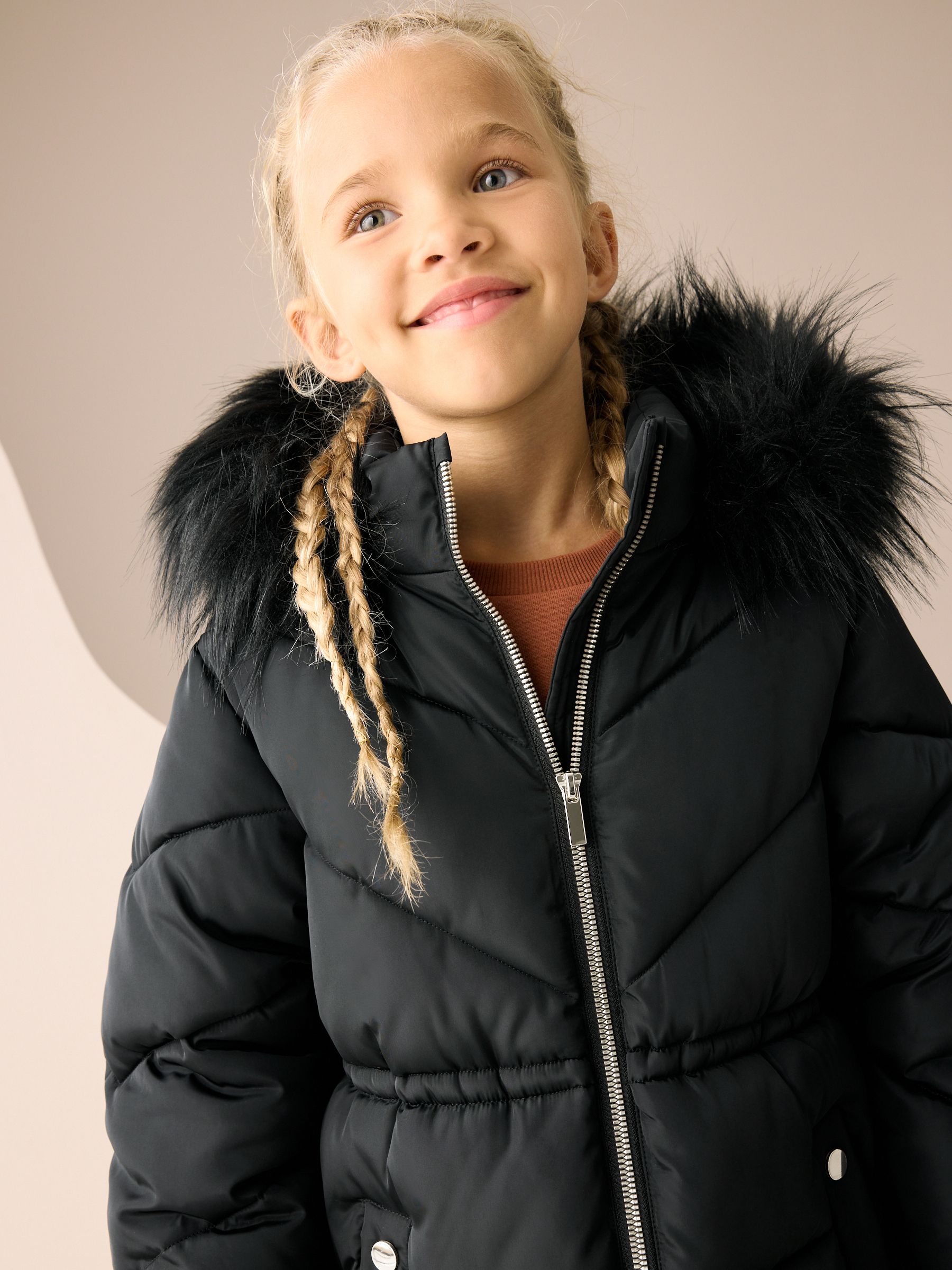 Buy Black Shower Resistant Faux Fur Trim Padded Coat (3-16yrs