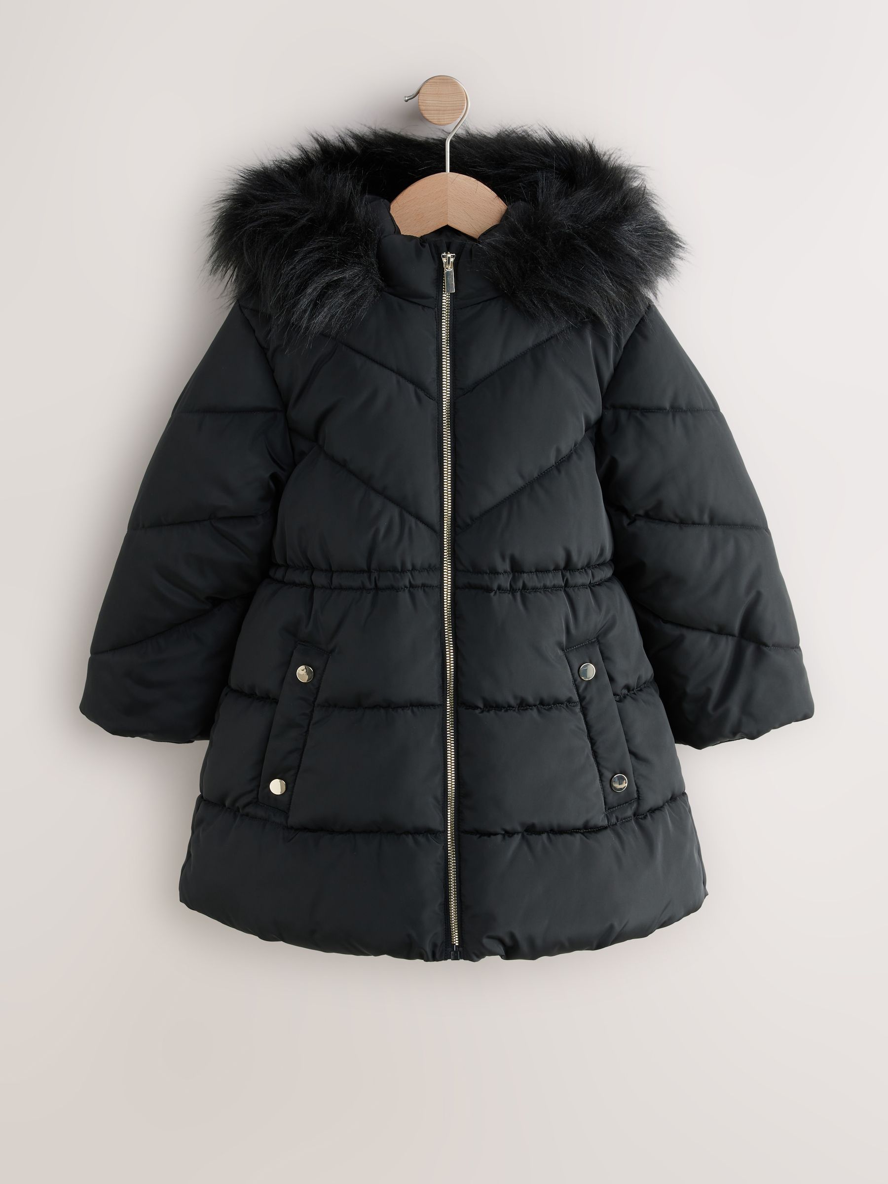 Buy Black Shower Resistant Faux Fur Trim Padded Coat (3-16yrs