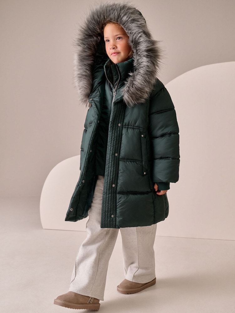Green Shower Resistant Fur Trim Padded Coat (3-16yrs) - Image 2 of 4 Green Shower Resistant Fur Trim Padded Coat (3-16yrs) - Image 2 of 4