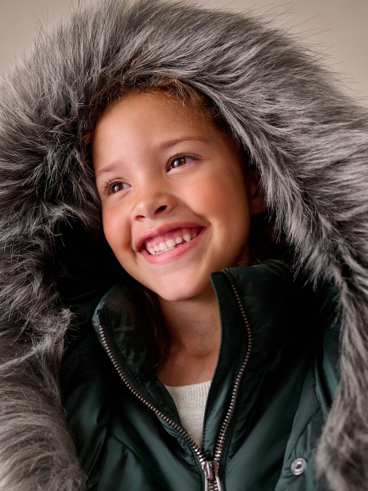 Green Shower Resistant Fur Trim Padded Coat (3-16yrs) - Image 4 of 4