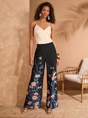 Love & Roses Black Floral Wide Leg Printed Trousers - Image 2 of 5