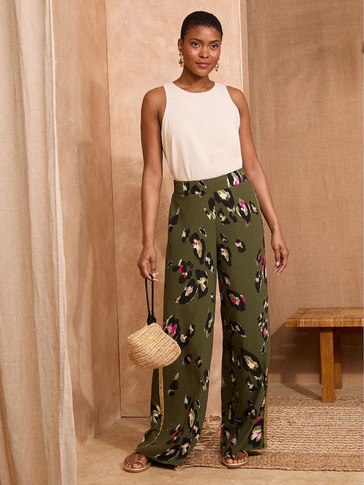 Love & Roses Khaki Green Petite Animal Print Sequin Trim Trousers - Image 1 of 4 Love & Roses Khaki Green Petite Animal Print Sequin Trim Trousers - Image 1 of 4