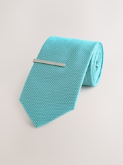 Aqua Blue Textured Tie with Tie Clip - Image 1 of 3