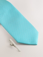 Aqua Blue Textured Tie with Tie Clip - Image 2 of 3