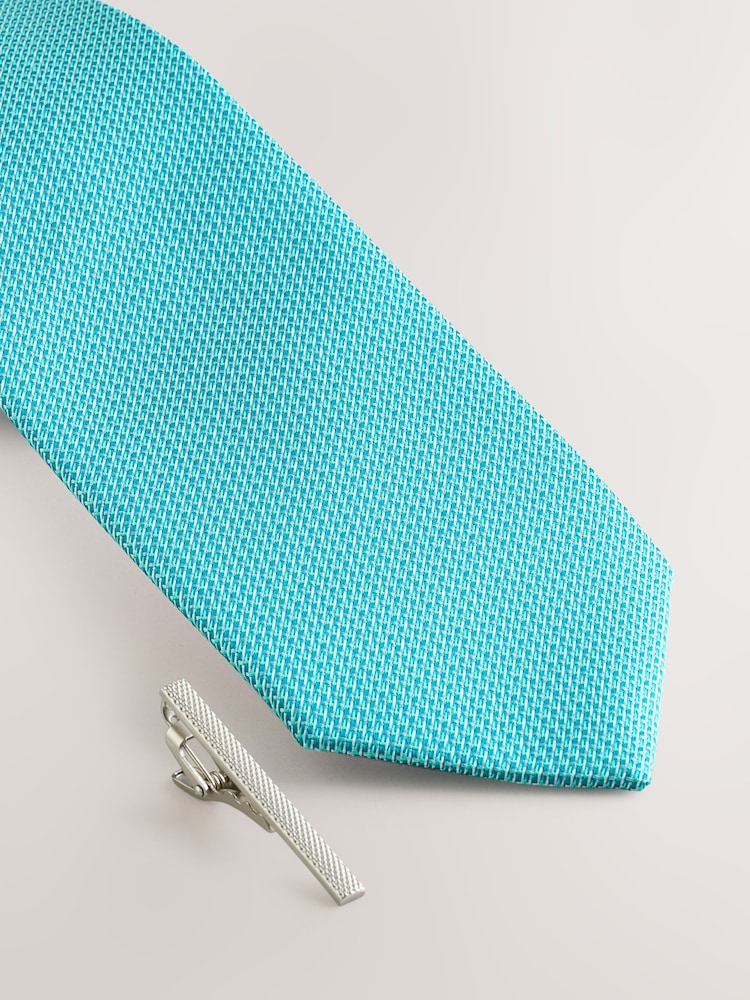 Aqua Blue Textured Tie with Tie Clip - Image 2 of 3