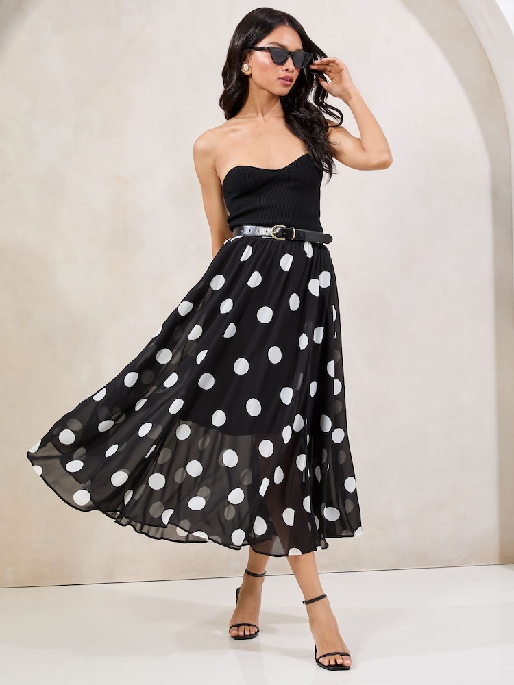 Lipsy Black & White Polka Dot Chiffon Midi Skirt - Image 1 of 4