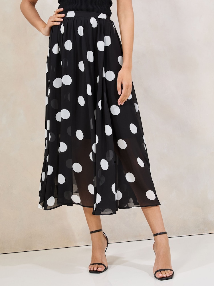 Lipsy Black & White Polka Dot Chiffon Midi Skirt - Image 2 of 4